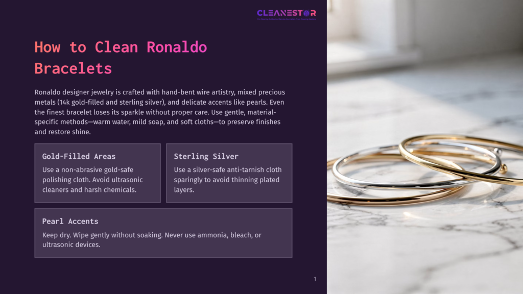 Close-Up Of Three Elegant Ronaldo Designer Bracelets, Two Gold And One Silver, Artfully Arranged On A Textured White Marble Surface.