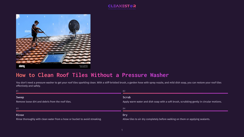 A Man Pressure Washes A Red Tiled Roof, Spraying Water To Clean The Tiles. A Blue Sky With Clouds Is Visible In The Background.