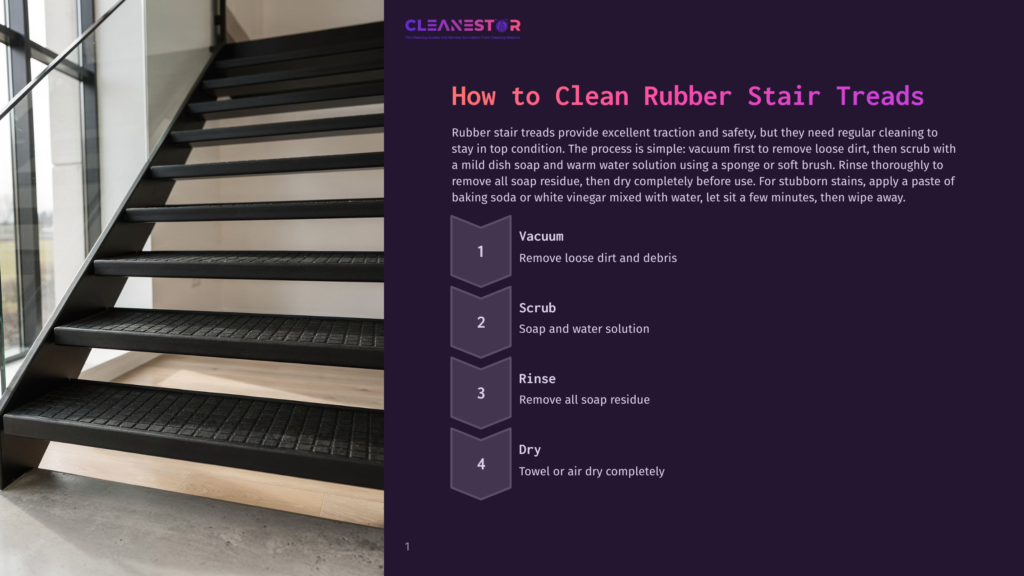 1 How To Clean Rubber Stair Treads A Modern Metal Staircase With Black Rubber Stair Treads, Leading Up Indoors With A Large Window And Natural Light To The Left. Text Overlay: &Quot;How To Clean Rubber Stair Treads&Quot;, With Steps: Vacuum, Scrub, Rinse, Dry.