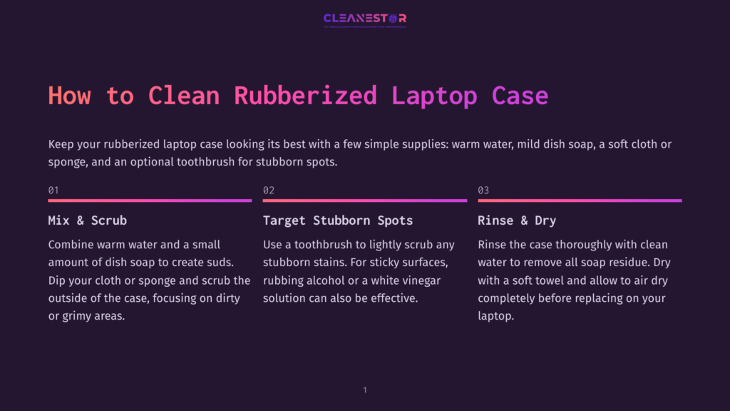 Illustration For &Quot;How To Clean Rubberized Laptop Case,&Quot; Detailing Three Steps: Mix &Amp; Scrub With Soap And Water, Target Stubborn Spots With A Toothbrush, And Rinse &Amp; Dry With A Soft Towel.