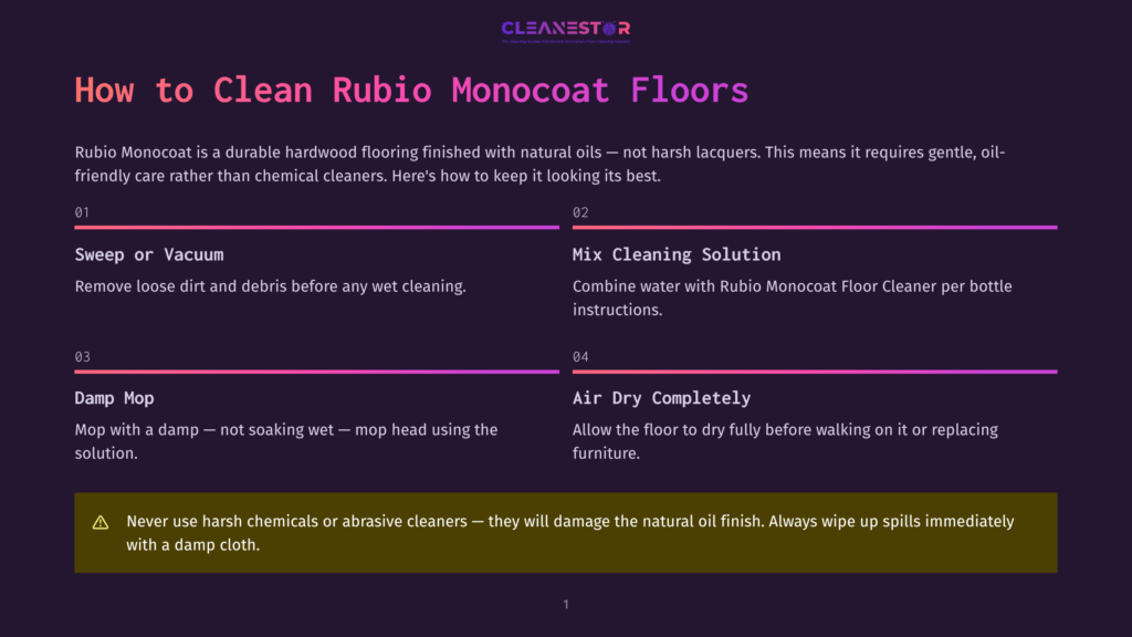 1 How To Clean Rubio Monocoat Floors Infographic Titled &Quot;How To Clean Rubio Monocoat Floors&Quot; With Four Steps: Sweep Or Vacuum, Mix Cleaning Solution, Damp Mop, And Air Dry Completely. A Warning Advises Against Harsh Chemicals.