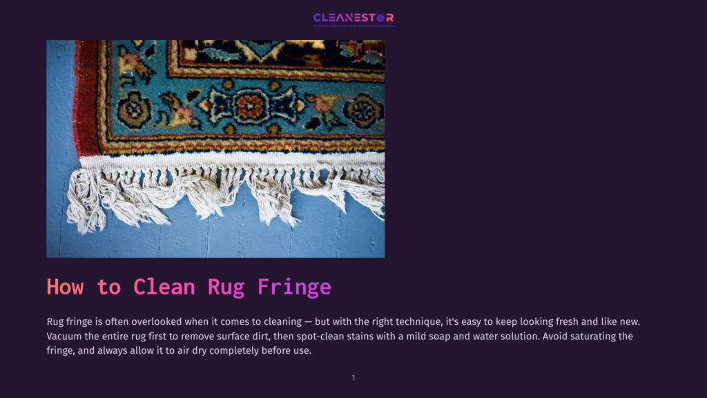 Close-Up Of A Colorful Persian Rug Fringe, Showing Intricate Blue, Red, And Orange Floral Patterns On A Wooden Floor. Text Overlay Reads &Quot;How To Clean Rug Fringe&Quot;.