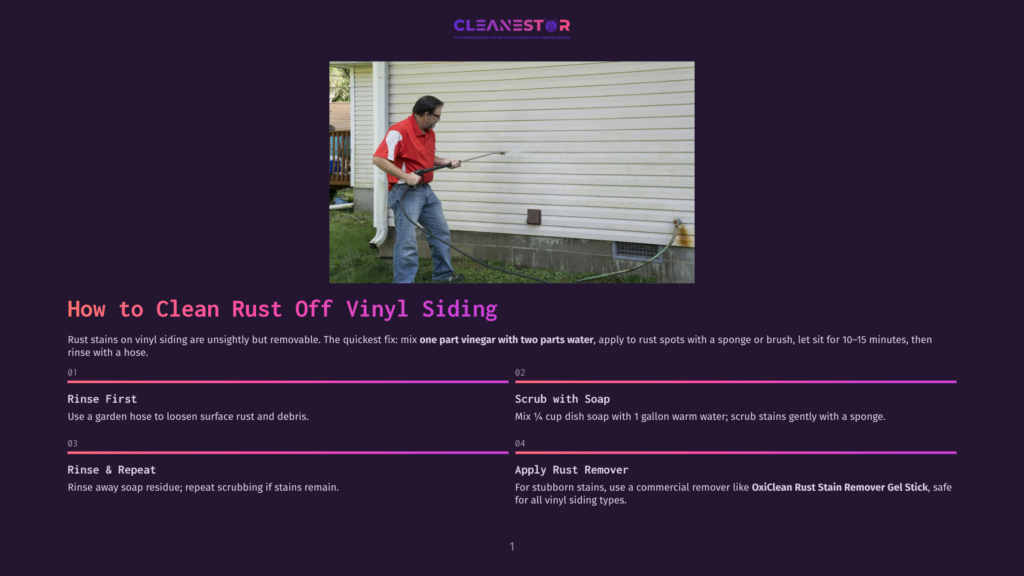 A Man In A Red Shirt And Blue Jeans Sprays A White Vinyl Siding House With A Power Washer To Remove Rust Stains.