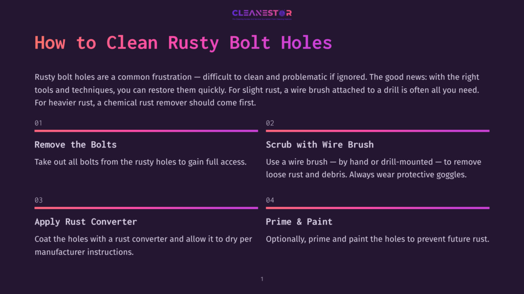 Infographic Titled &Quot;How To Clean Rusty Bolt Holes&Quot; With Steps: Remove The Bolts, Scrub With Wire Brush, Apply Rust Converter, Prime &Amp; Paint. Dark Background With Purple And Pink Gradient Lines.