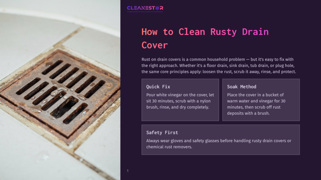 Close-Up Of A Rusty, Old Metal Drain Cover With Visible Rust Stains And Water Droplets, Set Against A Tiled Floor. Text On The Right Side Of The Image Reads &Quot;Cleanestor&Quot; And &Quot;How To Clean Rusty Drain Cover&Quot;.