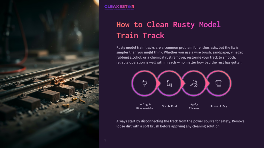 1 How To Clean Rusty Model Train Track Close-Up Of A Rusty Model Train Track With A Shallow Depth Of Field, Showing Detailed Wooden Ties And Metal Rails. The Background Is Blurred, Focusing Attention On The Weathered Texture Of The Track.