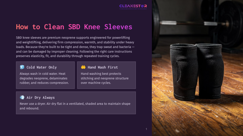 A Pair Of Black Sbd Knee Sleeves Rests On A Wooden Floor Next To A Barbell. The Image Also Features Text About Cleaning Sbd Knee Sleeves.