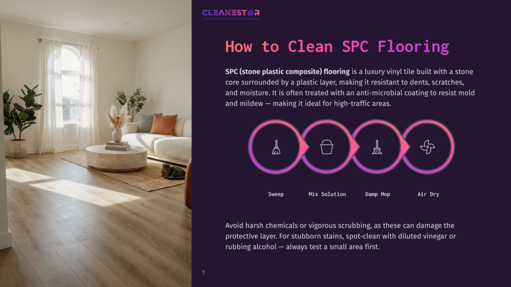 A Bright, Airy Living Room With Light Wood Spc Flooring, A White Sectional Sofa, And A Round Coffee Table With Decor. Text Overlay Reads: &Quot;How To Clean Spc Flooring.