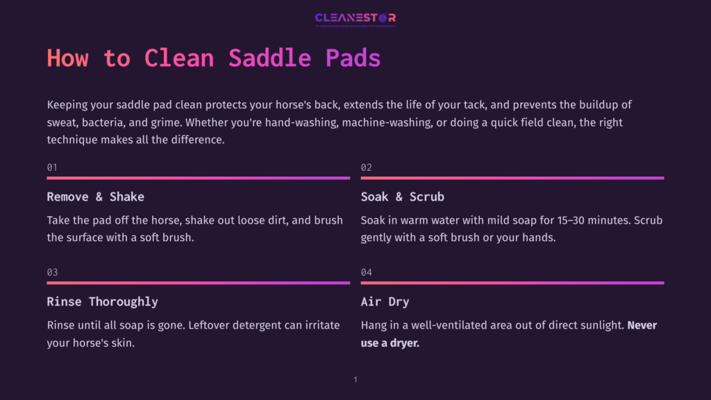 Cleanestor Saddle Pad Cleaning Guide With Steps: Remove &Amp; Shake, Soak &Amp; Scrub, Rinse Thoroughly, Air Dry. Text In English On A Dark Background With Purple And Pink Accents.