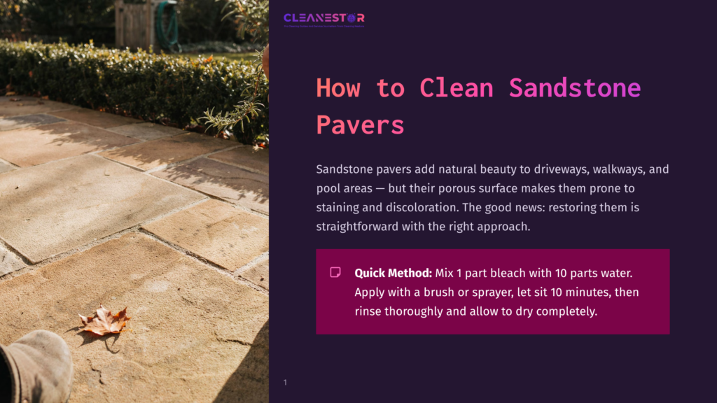 A Close-Up View Of A Section Of A Sandstone Paver Patio With A Fallen Autumn Leaf In The Foreground. The Text Overlay Reads &Quot;Cleanestor&Quot; And &Quot;How To Clean Sandstone Pavers&Quot;.