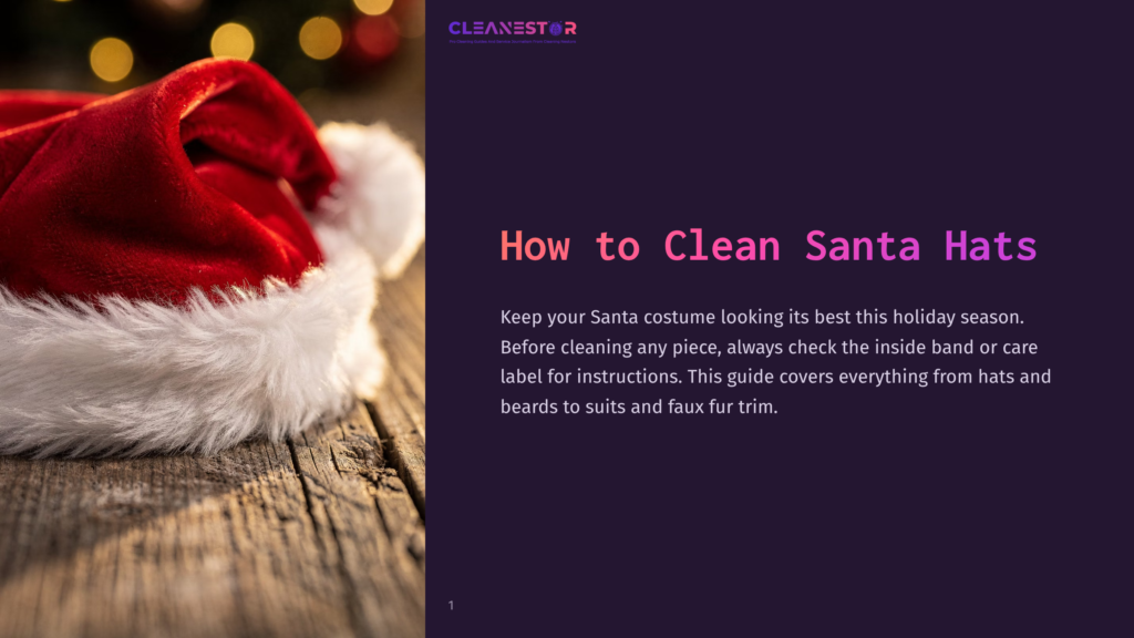 1 How To Clean Santa Hats Close-Up Of A Red Santa Hat With White Faux Fur Trim Resting On A Rustic Wooden Surface, With Blurred Bokeh Lights In The Background. The Text &Quot;Cleanestor&Quot; Is Visible.