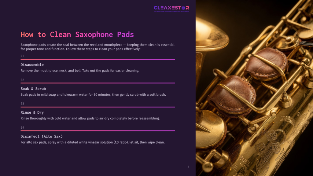 Close-Up Of A Vintage Alto Saxophone With A Focus On Its Pads And Keys, With Text Overlay &Quot;Cleanestar&Quot; And &Quot;How To Clean Saxophone Pads&Quot;.