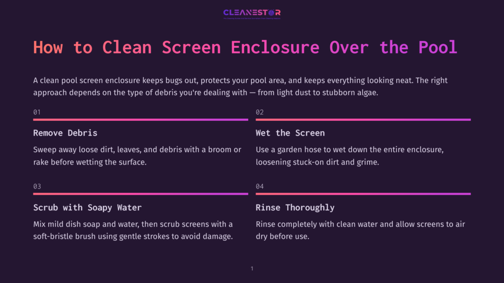 Infographic Titled &Quot;How To Clean Screen Enclosure Over The Pool&Quot; With Steps: Remove Debris, Wet The Screen, Scrub With Soapy Water, And Rinse Thoroughly. Features Purple And Pink Gradient Accents.