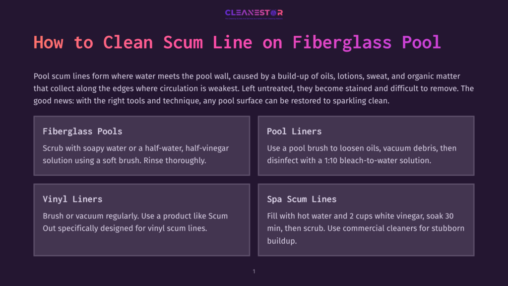 1 How To Clean Scum Line On Fiberglass Pool A Dark Purple Background With A White And Purple Cleanestor Logo At The Top. The Text &Quot;How To Clean Scum Line On Fiberglass Pool&Quot; Is Displayed Prominently In Large White Letters. Below This, Four Boxes Detail Cleaning Methods For Different Pool Types: Fiberglass Pools, Pool Liners, Vinyl Liners, And Spa Scum Lines.