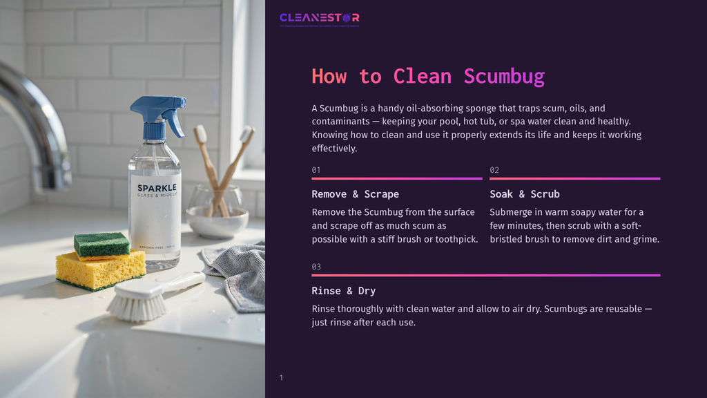 A Close-Up Of Cleaning Supplies On A Kitchen Counter: A Spray Bottle Labeled &Quot;Sparkle Glass &Amp; Mirror,&Quot; A Scrubbing Brush, And Two Yellow Sponges.