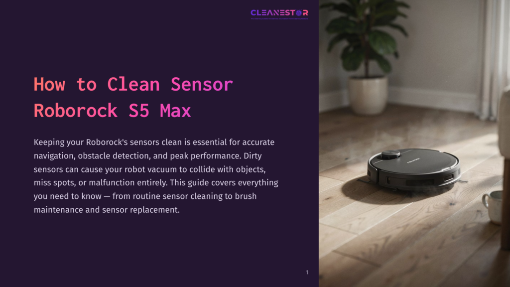 1 How To Clean Sensor Roborock S5 Max A Black Roborock S5 Max Robot Vacuum Cleaner Navigates A Light-Colored Wooden Floor, With A Large Potted Plant Visible In The Background. The Image Is Part Of A Guide On &Quot;How To Clean Sensor Roborock S5 Max.