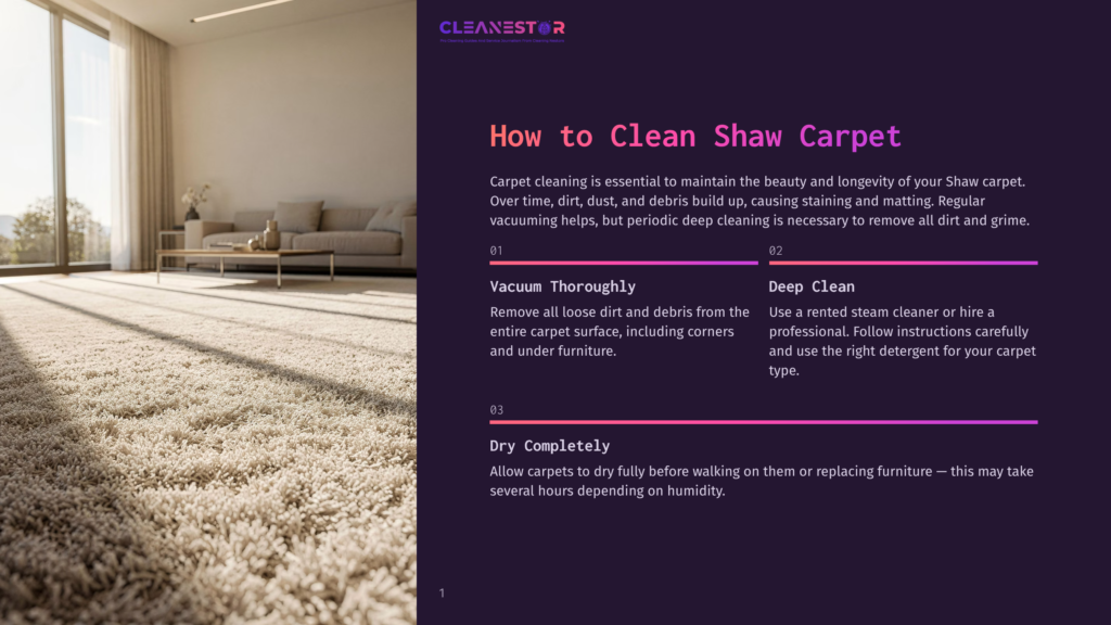 A Plush, Cream-Colored Shag Carpet Fills The Foreground, Leading To A Sunlit Living Room With A Modern Sofa And A Large Window. Text Overlays Guide On How To Clean Shaw Carpet.