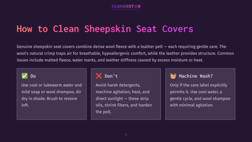 Graphic With Text &Quot;How To Clean Sheepskin Seat Covers&Quot; And Three Boxes: &Quot;Do&Quot; With Checkmark, &Quot;Don'T&Quot; With X, And &Quot;Machine Wash?&Quot; With Washing Machine Icon, Offering Cleaning Tips.
