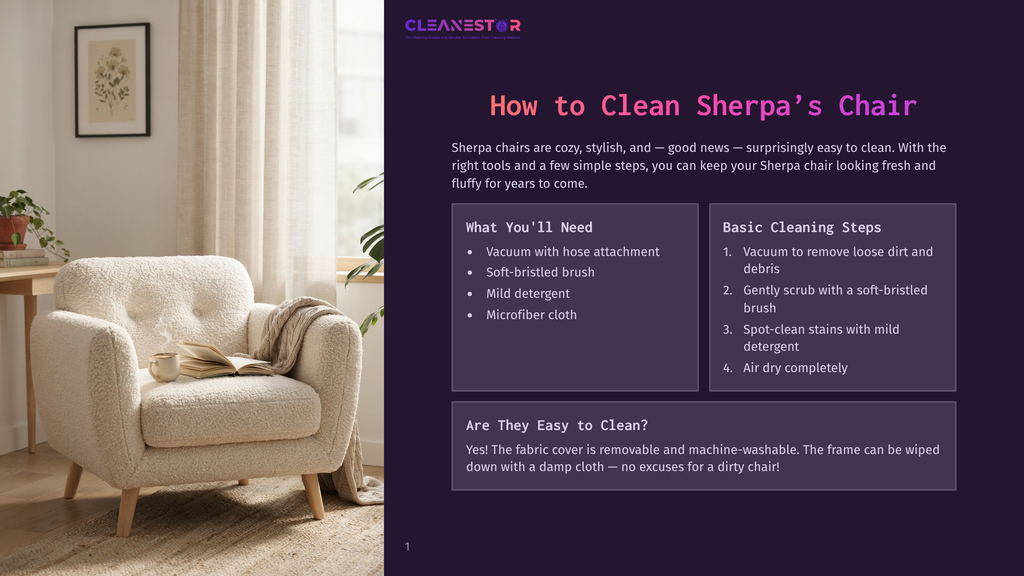 A Cozy, Cream-Colored Sherpa Chair With A Book Resting On Its Seat, Bathed In Soft Natural Light. Text Overlay Reads &Quot;Cleanestor: How To Clean Sherpa'S Chair.