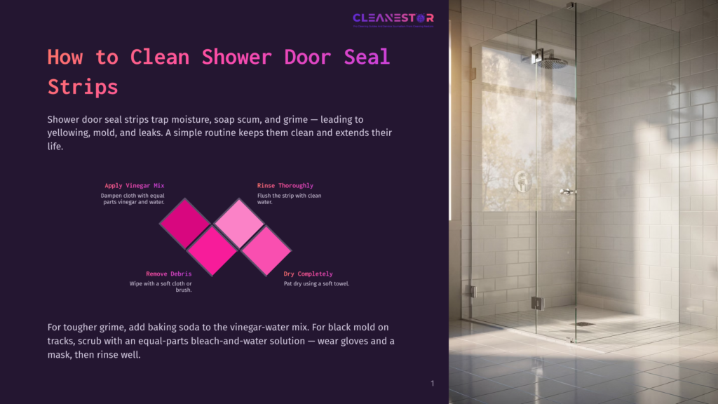 Diagram Illustrating How To Clean Shower Door Seal Strips With Vinegar And Water, Featuring Steps Like &Quot;Apply Vinegar Mix,&Quot; &Quot;Rinse Thoroughly,&Quot; &Quot;Remove Debris,&Quot; And &Quot;Dry Completely.
