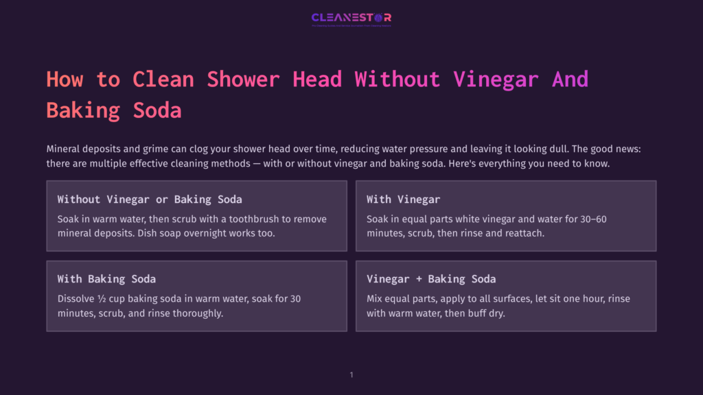1 How To Clean Shower Head Without Vinegar And Baking Soda Infographic Titled &Quot;How To Clean Shower Head Without Vinegar And Baking Soda&Quot; With Four Cleaning Method Sections: &Quot;Without Vinegar Or Baking Soda,&Quot; &Quot;With Vinegar,&Quot; &Quot;With Baking Soda,&Quot; And &Quot;Vinegar + Baking Soda.
