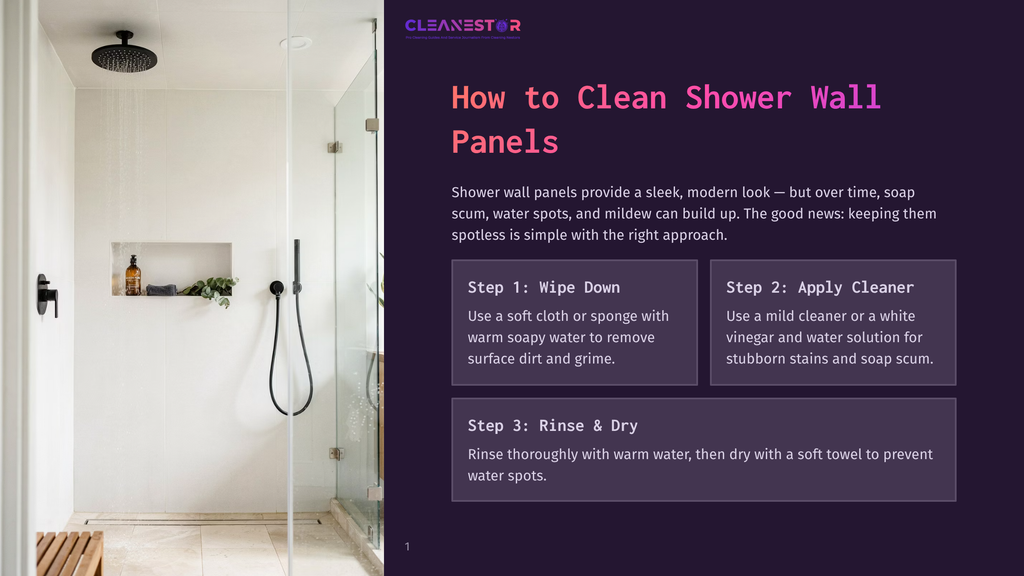 1 How To Clean Shower Wall Panels Modern Walk-In Shower With Sleek White Wall Panels, A Rainfall Showerhead, And A Wooden Slatted Bench. Text Overlay &Quot;How To Clean Shower Wall Panels&Quot; And Cleaning Steps.