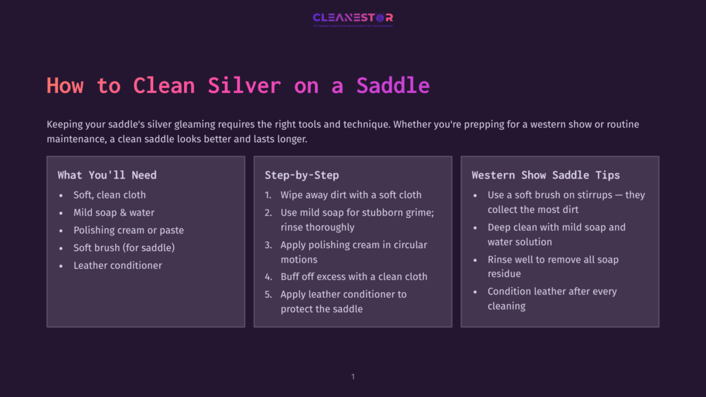 1 How To Clean Silver On A Saddle Infographic Titled &Quot;How To Clean Silver On A Saddle&Quot; With Three Columns: &Quot;What You'Ll Need,&Quot; &Quot;Step-By-Step,&Quot; And &Quot;Western Show Saddle Tips.