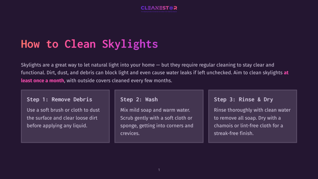 1 How To Clean Skylights A Graphic With The Title &Quot;How To Clean Skylights&Quot; And Three Steps: &Quot;Step 1: Remove Debris,&Quot; &Quot;Step 2: Wash,&Quot; And &Quot;Step 3: Rinse &Amp; Dry,&Quot; With Instructions For Each Step.