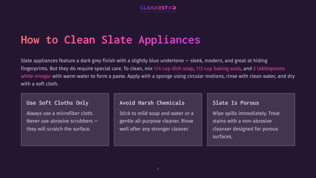 Cleanestor Logo With Text &Quot;How To Clean Slate Appliances&Quot;. Below, Three Panels Describe Cleaning Methods: &Quot;Use Soft Cloths Only&Quot;, &Quot;Avoid Harsh Chemicals&Quot;, And &Quot;Slate Is Porous&Quot;.
