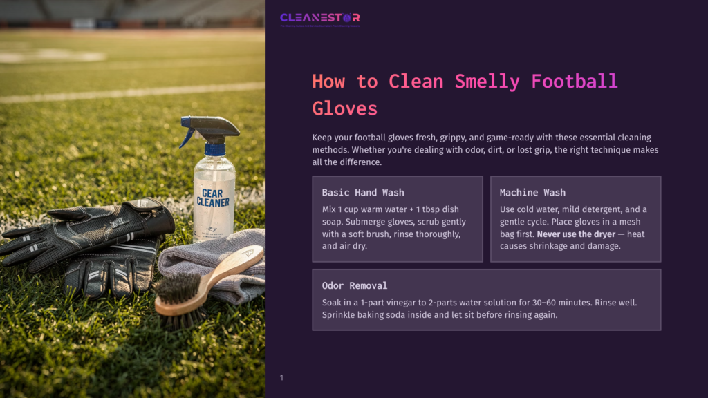 Football Gloves And A Bottle Of &Quot;Gear Cleaner&Quot; Spray Sit On A Grassy Football Field, Ready For Cleaning Smelly Football Gloves.