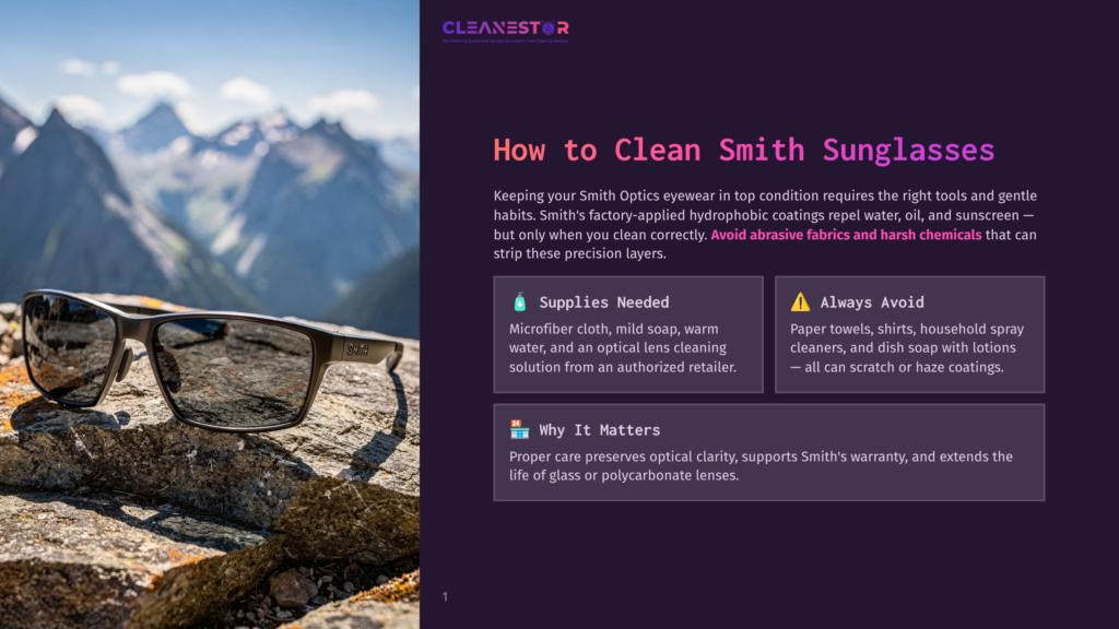 Smith Sunglasses Resting On A Rock In Front Of A Majestic Mountain Landscape. The Text &Quot;Cleanestor&Quot; Is Visible At The Top Left.