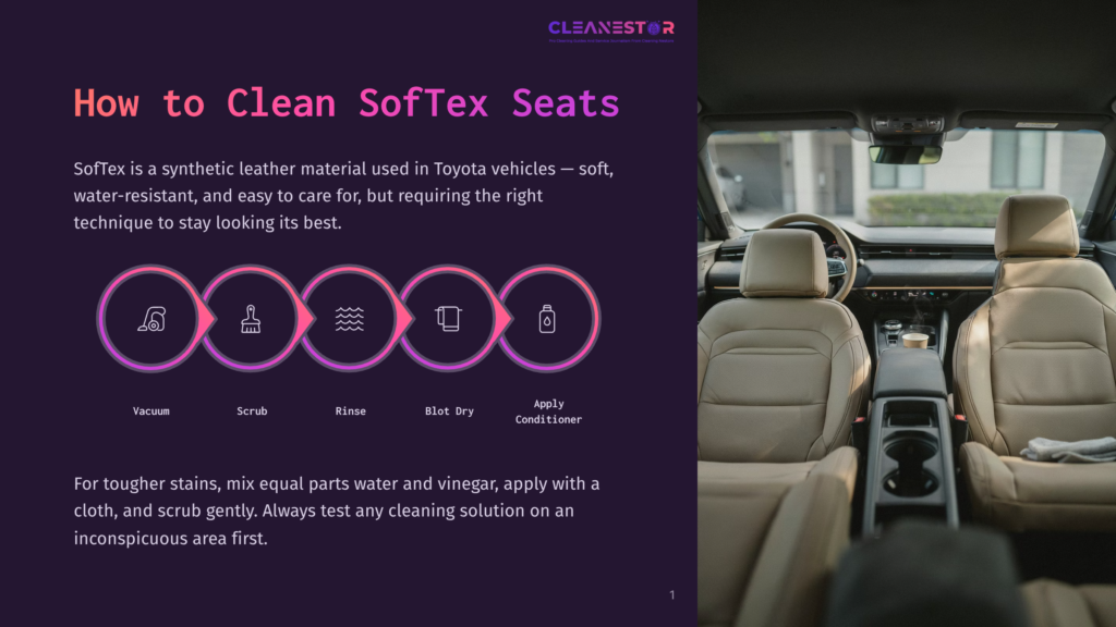 1 How To Clean Softex Seats Interior Of A Car With Clean, Light Tan Softex Seats, Showing The Front Passenger And Driver Seats And The Center Console. Text Overlay Reads &Quot;How To Clean Softex Seats&Quot;.