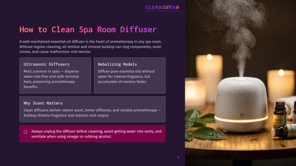 1 How To Clean Spa Room Diffuser A White Ultrasonic Essential Oil Diffuser Emits A Gentle Mist Of Aromatherapy Steam, Surrounded By Lush Green Leaves And Small Amber Bottles Of Essential Oils On A Wooden Surface. The Cleanestar Logo Is Visible At The Top.