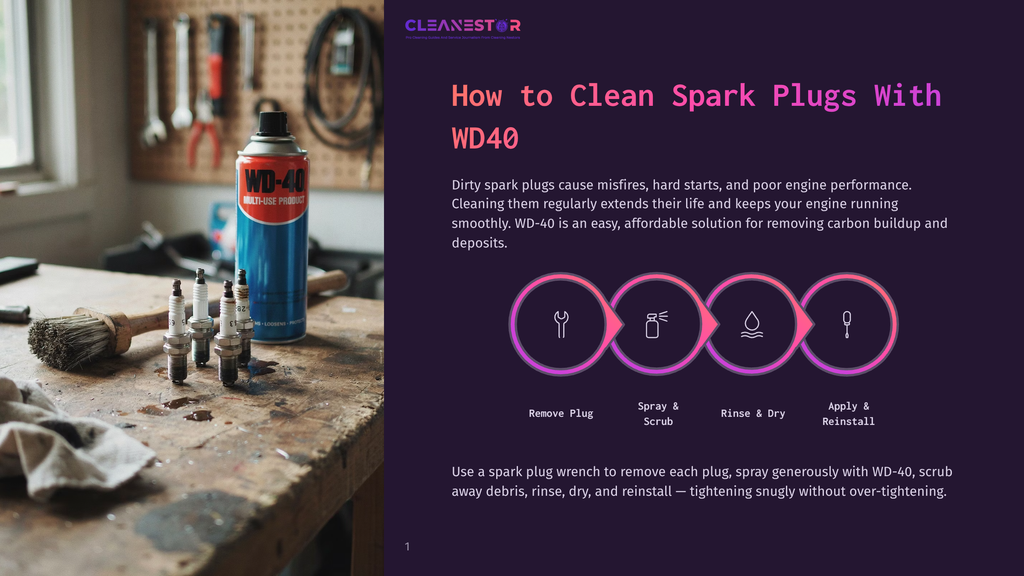 Spark Plugs And A Can Of Wd-40 On A Workbench, With A Graphic Illustrating How To Clean Spark Plugs Using Wd-40: Remove, Spray, Rinse, And Reapply.