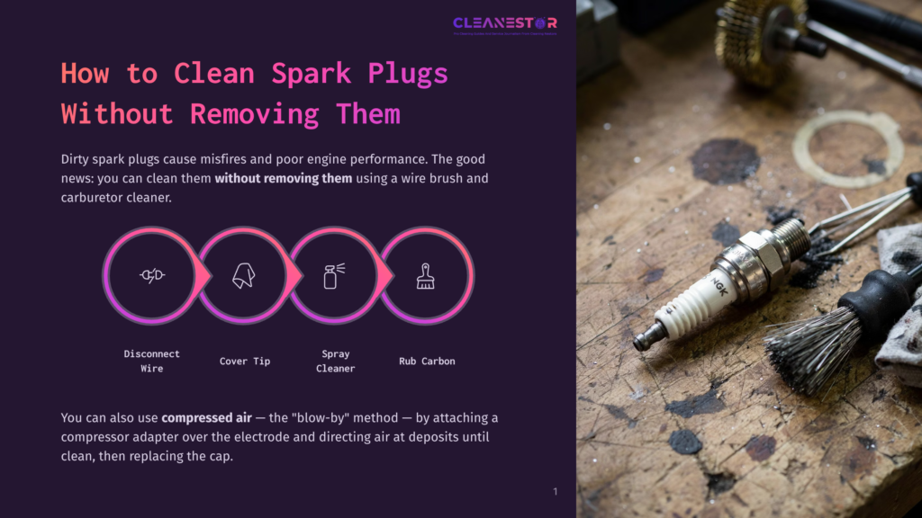 1 How To Clean Spark Plugs Without Removing Them Diagram Showing How To Clean Spark Plugs Without Removing Them: Disconnect Wire, Cover Tip, Spray Cleaner, Rub Carbon. Text Also Mentions Using Compressed Air.