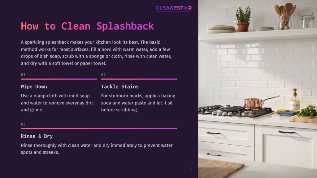 A Modern Kitchen With White Subway Tile Backsplash, A Stainless Steel Gas Stovetop With Copper Pots, And White Cabinets. Text Overlay Reads &Quot;How To Clean Splashback&Quot; And Provides Cleaning Tips.