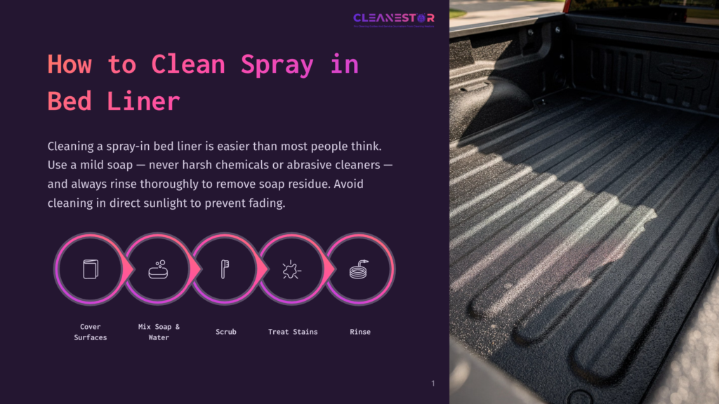 1 How To Clean Spray In Bed Liner How To Clean Spray In Bed Liner: A Step-By-Step Guide With Icons Showing Covering Surfaces, Mixing Soap And Water, Scrubbing, Treating Stains, And Rinsing. A Clean Truck Bed Is Shown In The Background.