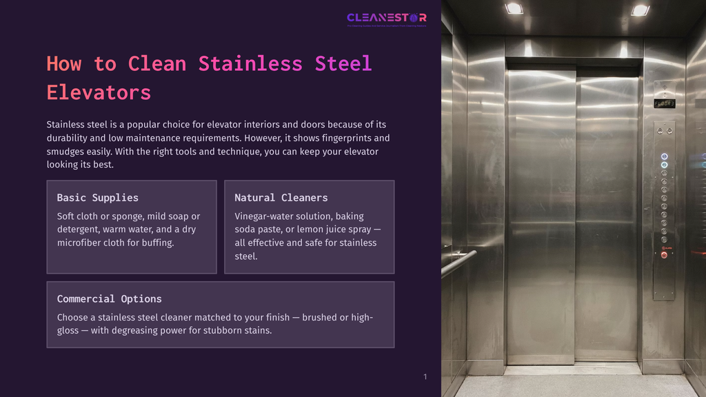 Interior Of A Clean, Modern Stainless Steel Elevator With Brushed Metal Walls, A Polished Floor, And A Control Panel With Illuminated Buttons. Text Overlay Provides Cleaning Tips For Stainless Steel Elevators.