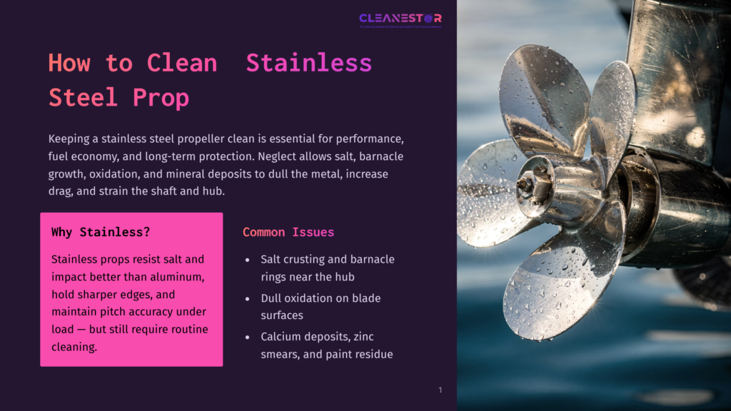 1 How To Clean Stainless Steel Prop Close-Up Of A Shiny, Clean Stainless Steel Boat Propeller With Water Droplets On Its Blades, Submerged In Blue Water. The Image Emphasizes The Importance Of Cleaning Boat Propellers For Performance And Protection.