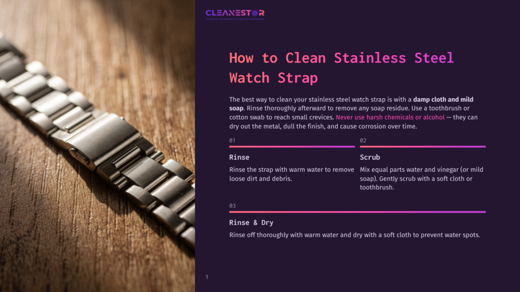 1 How To Clean Stainless Steel Watch Strap Close-Up Of A Gleaming Stainless Steel Watch Strap On A Wooden Surface, With The Text &Quot;Cleanestor How To Clean Stainless Steel Watch Strap&Quot; Visible.