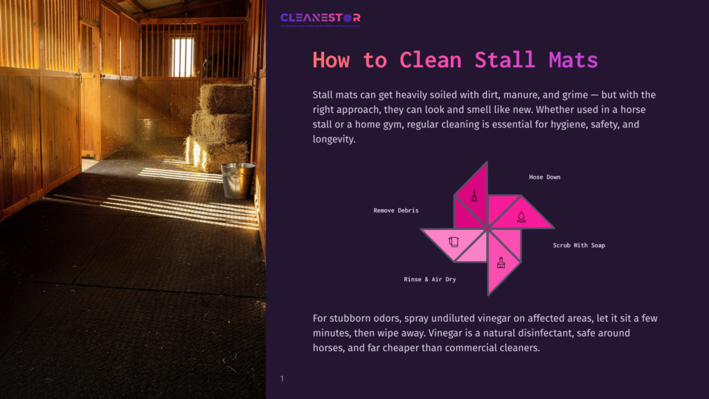 1 How To Clean Stall Mats Cleanestor Logo And Text &Quot;How To Clean Stall Mats&Quot;. A Horse Stall With Rubber Mats, Hay Bales, And Sunlight Streaming In.