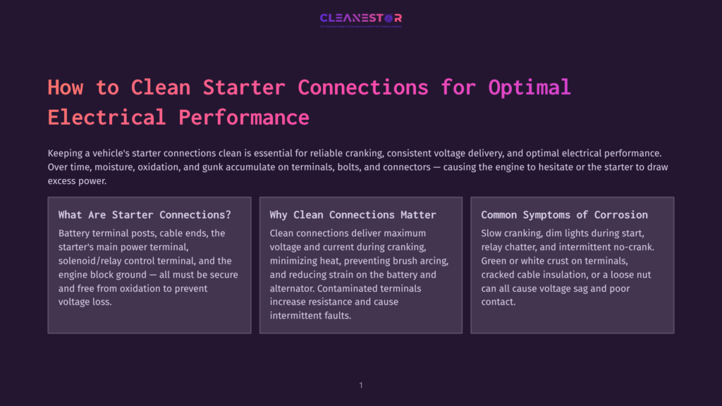 Infographic Titled &Quot;How To Clean Starter Connections For Optimal Electrical Performance&Quot; With Three Sections: &Quot;What Are Starter Connections?&Quot;, &Quot;Why Clean Connections Matter&Quot;, And &Quot;Common Symptoms Of Corrosion&Quot;.