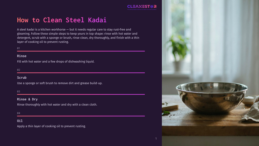 A Large Stainless Steel Mixing Bowl Sits On A Wooden Table Next To A Folded Linen Cloth, With Fresh Herbs Scattered Around. The Image Is Part Of A Guide On How To Clean A Steel Kadai.