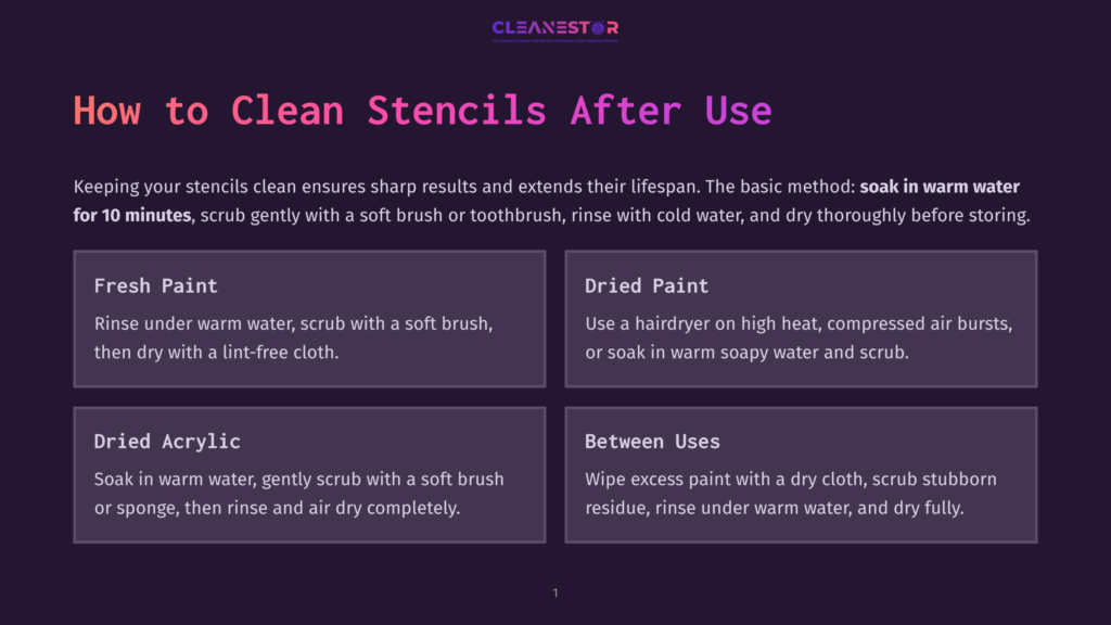 Infographic Titled &Quot;How To Clean Stencils After Use&Quot; With Sections On Cleaning Fresh Paint, Dried Paint, Dried Acrylic, And Between Uses, Offering Step-By-Step Instructions.