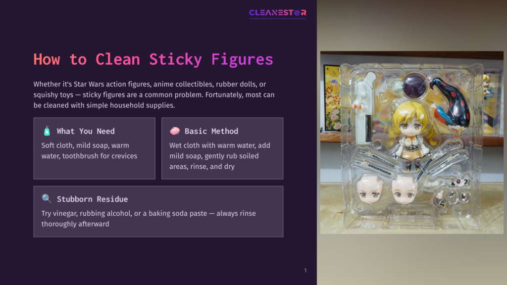 1 How To Clean Sticky Figures Close-Up Of A Clear Plastic Display Case Containing A Disassembled Anime Action Figure, With A Title Overlay &Quot;How To Clean Sticky Figures&Quot; And Cleaning Tips.