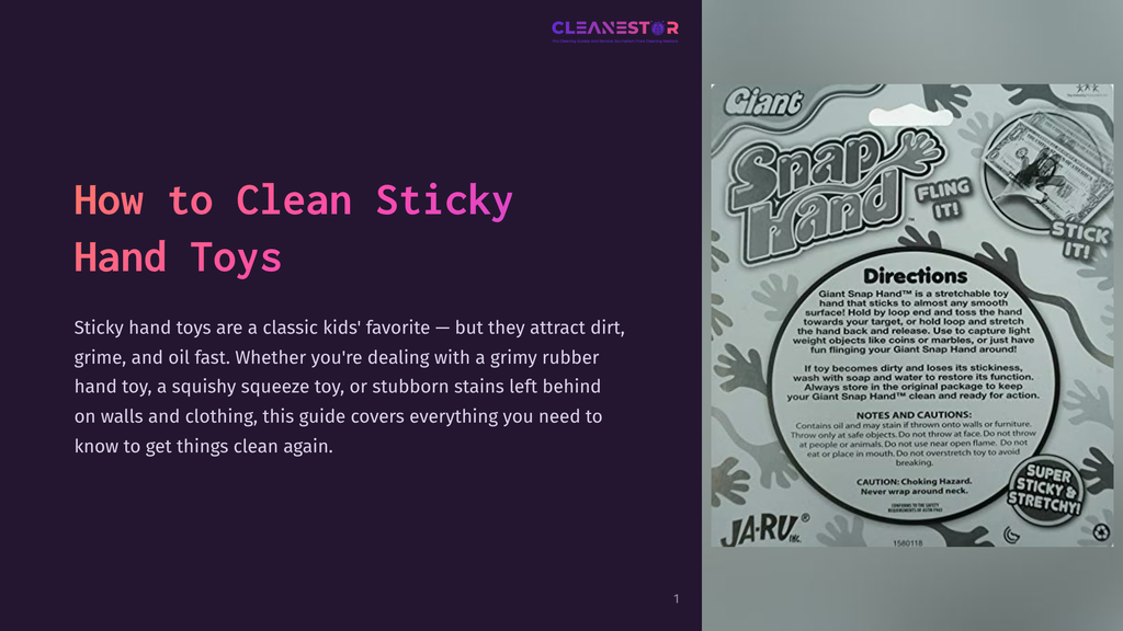 Giant Snap Hand Sticky Toy Packaging With Instructions On How To Clean Sticky Hand Toys. Text Includes &Quot;How To Clean Sticky Hand Toys&Quot; And &Quot;Giant Snap Hand&Quot;.