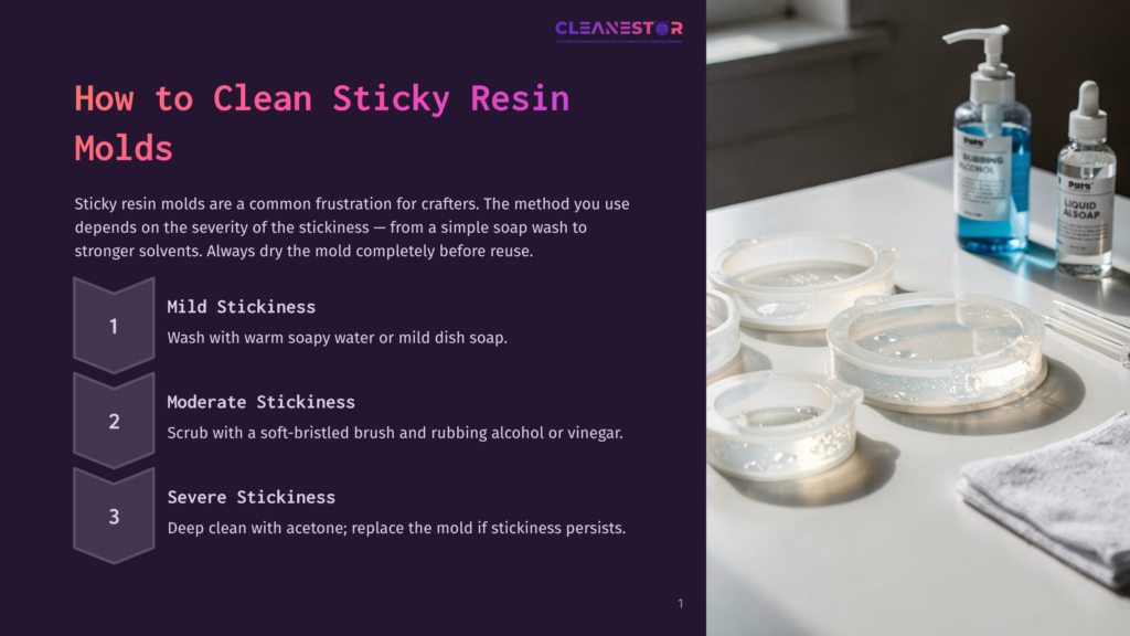 1 How To Clean Sticky Resin Molds A Crafting Guide Titled &Quot;How To Clean Sticky Resin Molds&Quot; Displays Three Levels Of Stickiness: Mild, Moderate, And Severe. Beside It, Clear Resin Molds Sit On A White Towel, With Bottles Of Rubbing Alcohol And Liquid Soap In The Background.