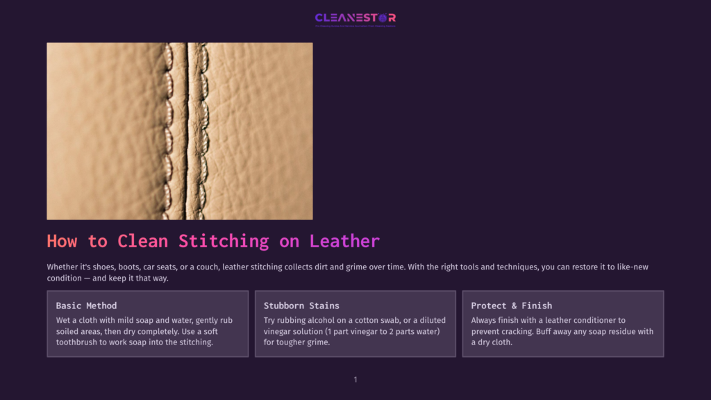 1 How To Clean Stitching On Leather Close-Up Of Stitching On A Tan Leather Surface, Showing Detailed Texture And A Seam.