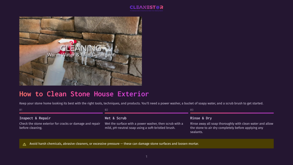 1 How To Clean Stone House Exterior Close-Up Of A Hand Spraying A Stone Wall With A Cleaning Solution From A White Spray Bottle. The Text &Quot;Cleaning Warm Water &Amp; Mild Detergent&Quot; Is Overlaid On The Image.