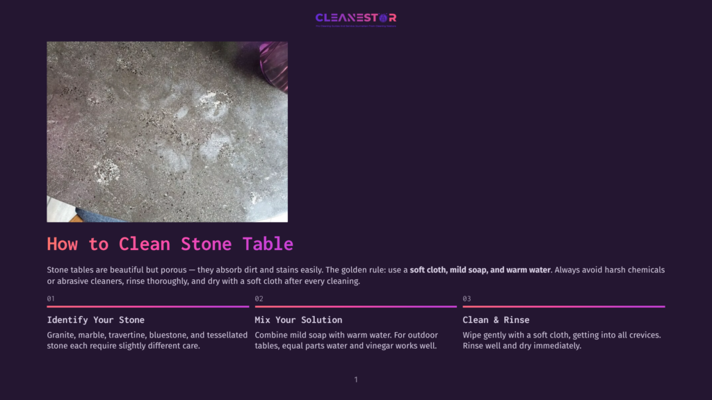 Close-Up Of A Porous, Light Gray Stone Table With Visible White Mineral Deposits And A Faint Purple Cloth In The Background. The Text &Quot;How To Clean Stone Table&Quot; Is Prominent.